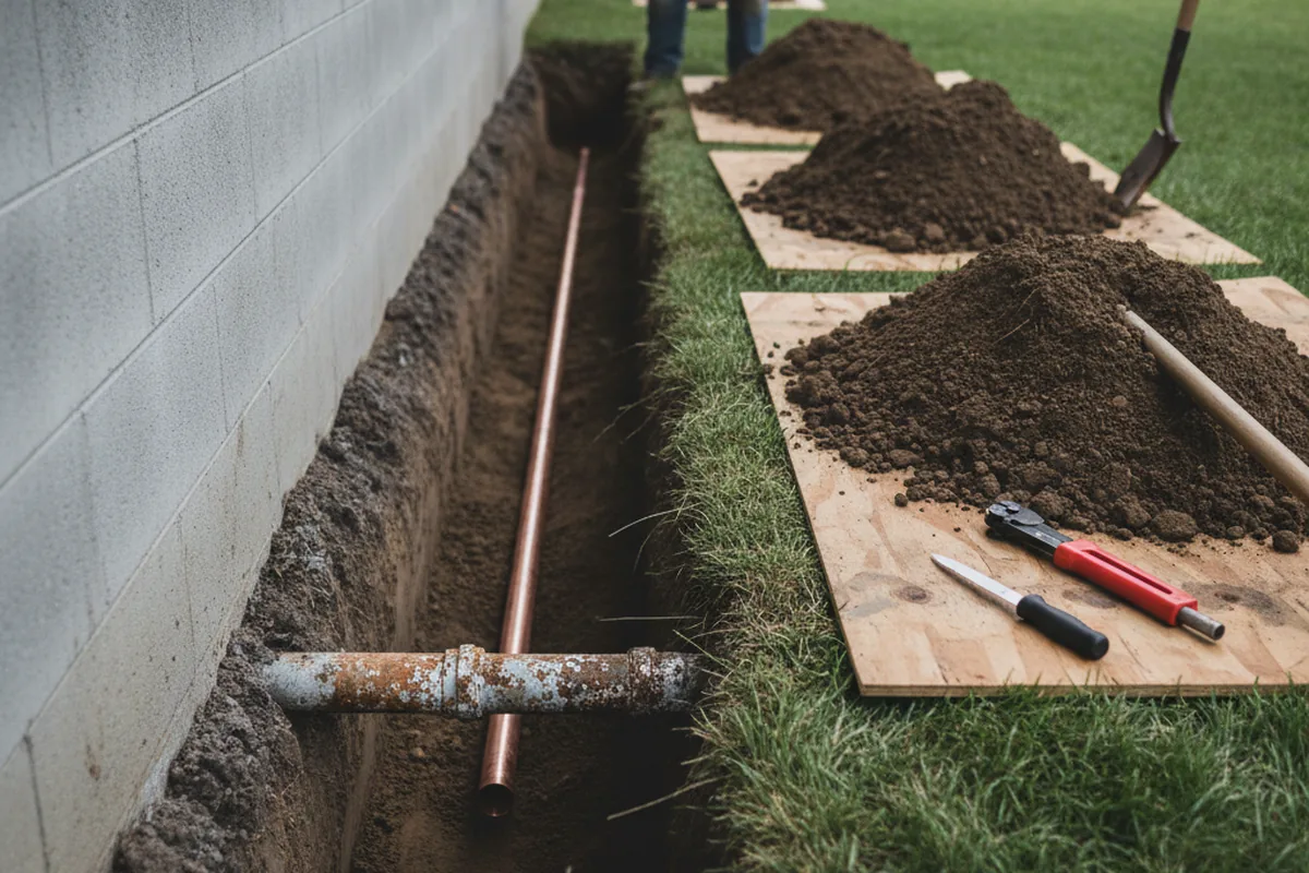 Excavated water line trench during Water Softener Installation in Blackfoot